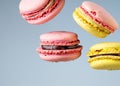 Elegant Bakery Artistry: Close-Up of Airborne Macaroons, Indulge in Sugary Delights