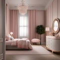 An elegant ballerina-themed bedroom with a ballet barre, tutu-inspired decor, and soft pink hues1