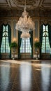 An elegant ballroom with chandeliers, crystal fixtures, and intricate details in the architecture.