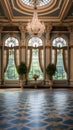 An elegant ballroom with chandeliers, crystal fixtures, and intricate details in the architecture.