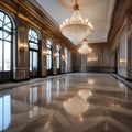 An elegant ballroom with crystal chandeliers, marble floors, and grandiose architecture1