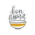 Elegant banner or poster with bowl and Bon Appetit phrase or wish handwritten with cursive calligraphic font. Stylish