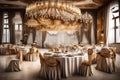 Elegant banquet hall interior prepared for feast with served tables and stage Generated Ai Royalty Free Stock Photo