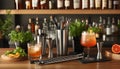 Elegant bartending tools with crafted cocktails in modern bar setting Royalty Free Stock Photo