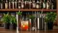 Elegant bartending tools with crafted cocktails in modern bar setting Royalty Free Stock Photo