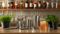 Elegant bartending tools with crafted cocktails in modern bar setting Royalty Free Stock Photo