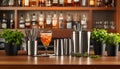 Elegant bartending tools with crafted cocktails in modern bar setting Royalty Free Stock Photo