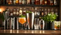 Elegant bartending tools with crafted cocktails in modern bar setting Royalty Free Stock Photo