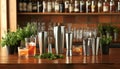 Elegant bartending tools with crafted cocktails in modern bar setting Royalty Free Stock Photo