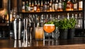 Elegant bartending tools with crafted cocktails in modern bar setting Royalty Free Stock Photo
