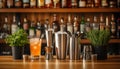 Elegant bartending tools with crafted cocktails in modern bar setting Royalty Free Stock Photo