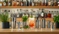 Elegant bartending tools with crafted cocktails in modern bar setting Royalty Free Stock Photo