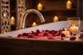 Elegant bath filled with rose petals and scented candles. Generative AI