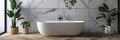 Elegant bathroom ambiance with luxurious white freestanding bathtub and sophisticated decor