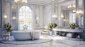An elegant bathroom with crystal lamps and marble tiles