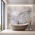 An elegant bathroom with a 3D marble wall