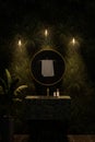 elegant bathroom with oval mirror and light bulbs