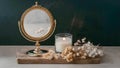 Elegant Bathroom Set with Table Mirror, Candles, and Dried Flowers. Concept Bathroom Decor, Table Royalty Free Stock Photo