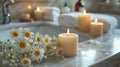 elegant bathroom setting with scented candles and fresh flowers on the marble sink, perfect for a luxurious backdrop Royalty Free Stock Photo