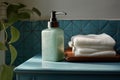 Elegant bathroom with soap dispensers, towels.