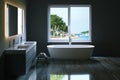 Elegant bathroom with tropical view window. 3d render