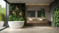 Elegant bathroom with two vanities, pendant glow, thermal tiles, and vibrant plant wall
