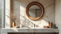 Elegant bathroom vanity featuring round mirror and natural decor accents Royalty Free Stock Photo