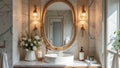 Elegant bathroom vanity with oval mirror, marble walls, and modern decor Royalty Free Stock Photo