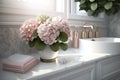 Elegant Bathroom Vanity with Pink Hydrangea in Morning Sunlight