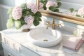 Elegant Bathroom Vanity with Pink Hydrangea in Morning Sunlight