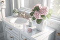 Elegant Bathroom Vanity with Pink Hydrangea in Morning Sunlight