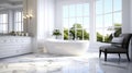 Elegant bathtub in minimalist bathroom with white marble floor, panoramic windows, quiet luxury