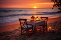 Elegant beach dining, warm hues of the setting sun, perfect for love and relaxation