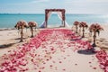 Elegant beach wedding adorned with romantic red and pink roses and petals