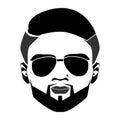 Elegant bearded man face in sunglasses. Vector hipster character. Fashion silhouette, avatar, emblem, logo with moustached man for