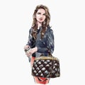 Elegant beautiful glamour woman with handbag in stylish autumn clothes