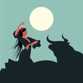 Elegant and beautiful Spanish flamenco dancer with long hair, dancing in front of a bull under the moon Royalty Free Stock Photo