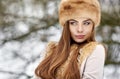 Elegant beautiful winter woman portrait. Copy space. Close up