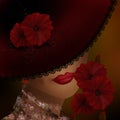 Elegant beautiful woman in a lace hat with red flowers