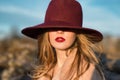 Elegant beautiful woman with red lips and hat Royalty Free Stock Photo