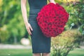 Elegant beautiful woman is wearing black fashion dress is holding big bouquet of 101 red roses Royalty Free Stock Photo