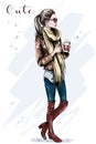 Elegant beautiful young woman with paper coffee cup. Hand drawn fashion woman.