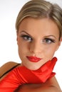 Elegant beauty female face with red shiny lips Royalty Free Stock Photo