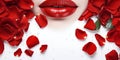 Elegant Beauty with Red Rose Petals and Striking Red Lips. Generative ai