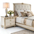 Elegant Bed with Nightstand Isolated on White Background Royalty Free Stock Photo