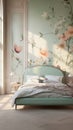 An elegant bedroom featuring a 3D floral wall pattern in soft pastels, Royalty Free Stock Photo