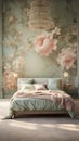 An elegant bedroom featuring a 3D floral wall pattern in soft pastels, Royalty Free Stock Photo