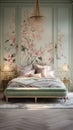 An elegant bedroom featuring a 3D floral wall pattern in soft pastels, Royalty Free Stock Photo