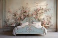 An elegant bedroom featuring a wall with a 3D floral pattern in soft pastels, Royalty Free Stock Photo