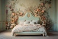 An elegant bedroom featuring a wall with a 3D floral pattern in soft pastels Royalty Free Stock Photo